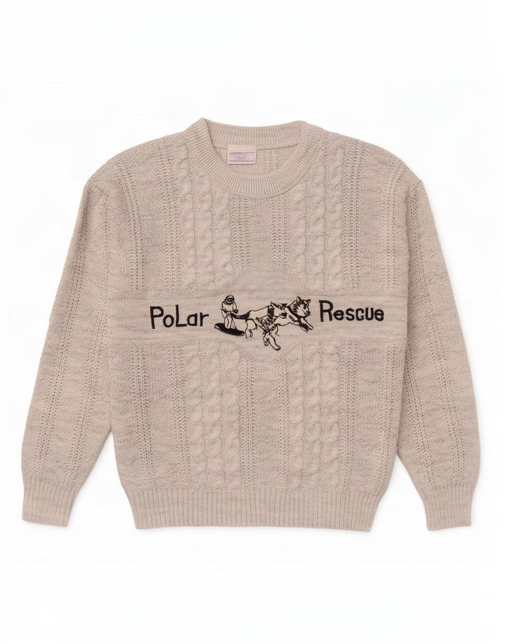Vintage herre grafisk rund hals sweater medium grå flækket akryl