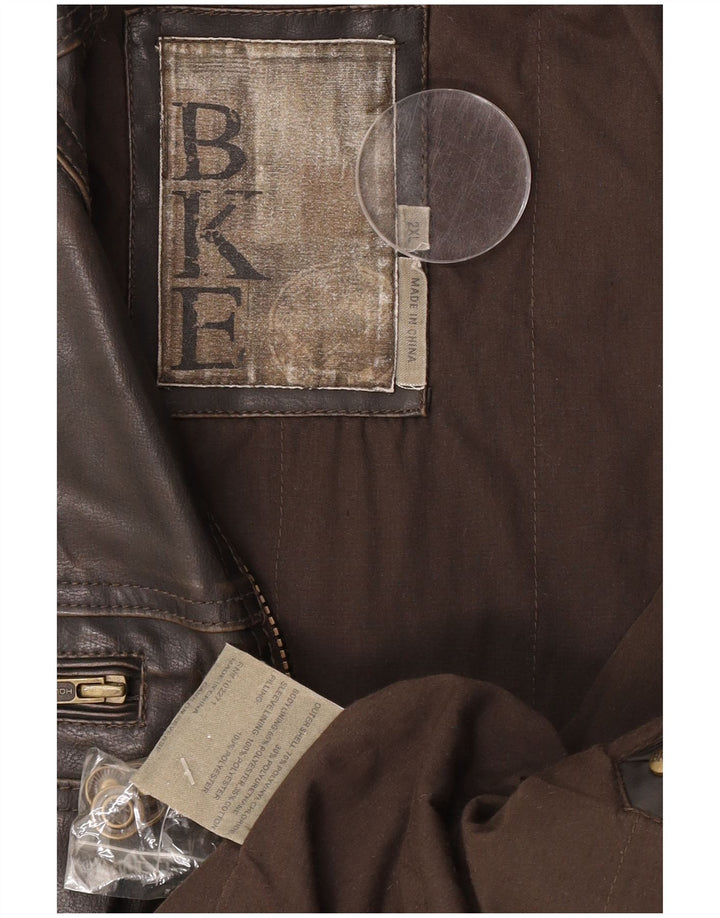 BKE Mens Faux Leather Jacket UK 44 2XL Brown Polyvinyl