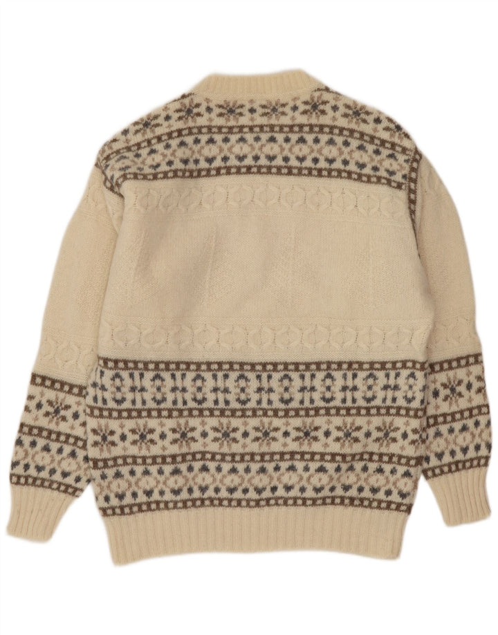 Benetton Mens Crew Neck Jumper Sweater Small Off White Fair Isle Wool