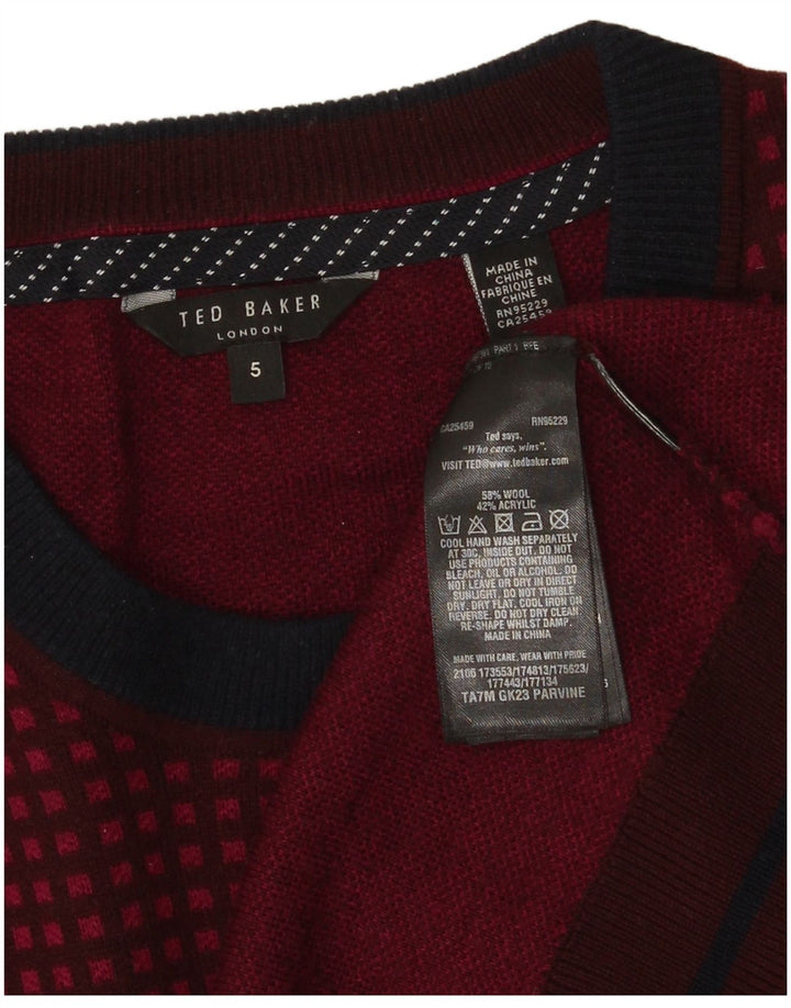 Ted Baker Mens Crew Neck Jumper Sweater Size 5 XL Burgundy Check Wool