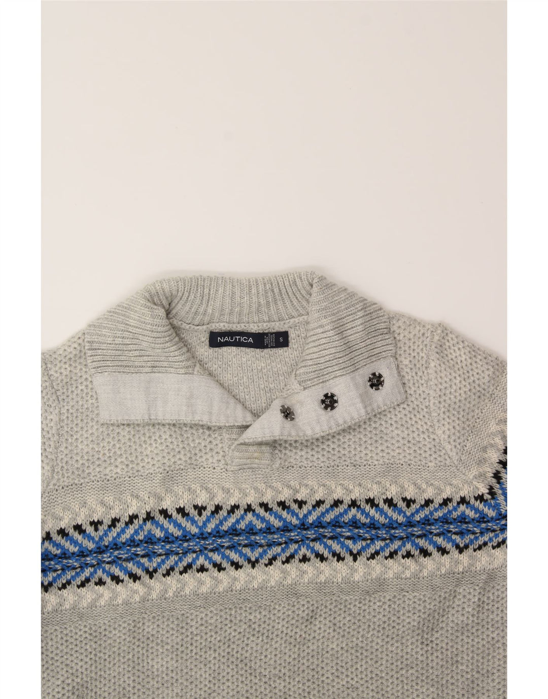 NAUTICA Mens Button Neck Jumper Sweater Small Grey Fair Isle Acrylic Vintage Nautica and Second-Hand Nautica from Messina Hembry 