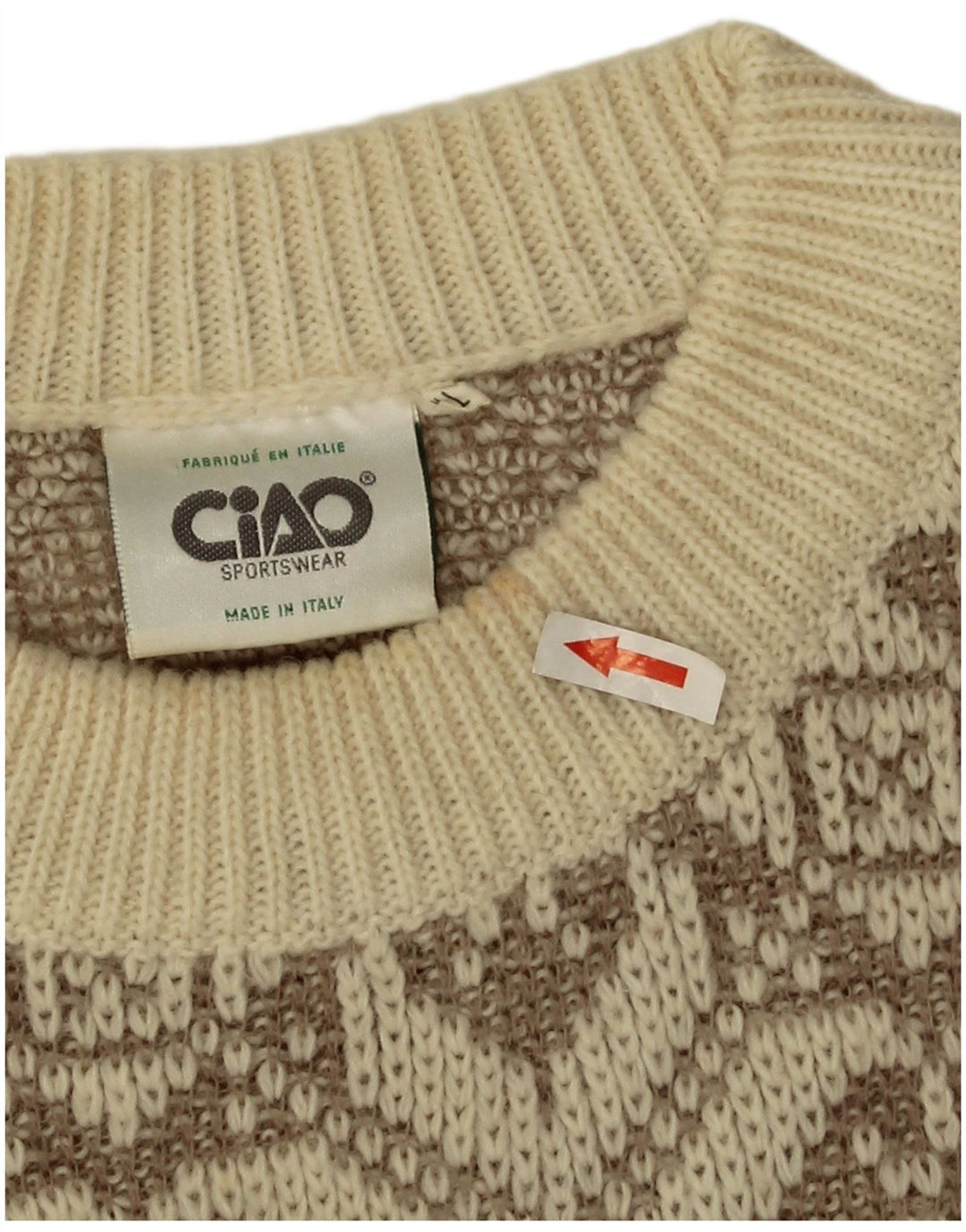 Ciao Mens Crew Neck Jumper Sweater XL Beige Geometric Wool