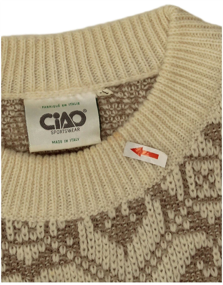 Ciao Mens Crew Neck Jumper Sweater XL Beige Geometric Wool