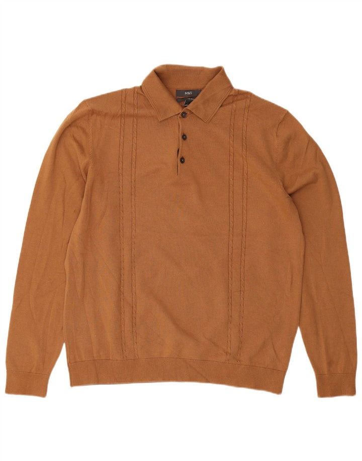 Marks & Spencer Mens Polo Neck Jumper Sweater Large Brown Cotton