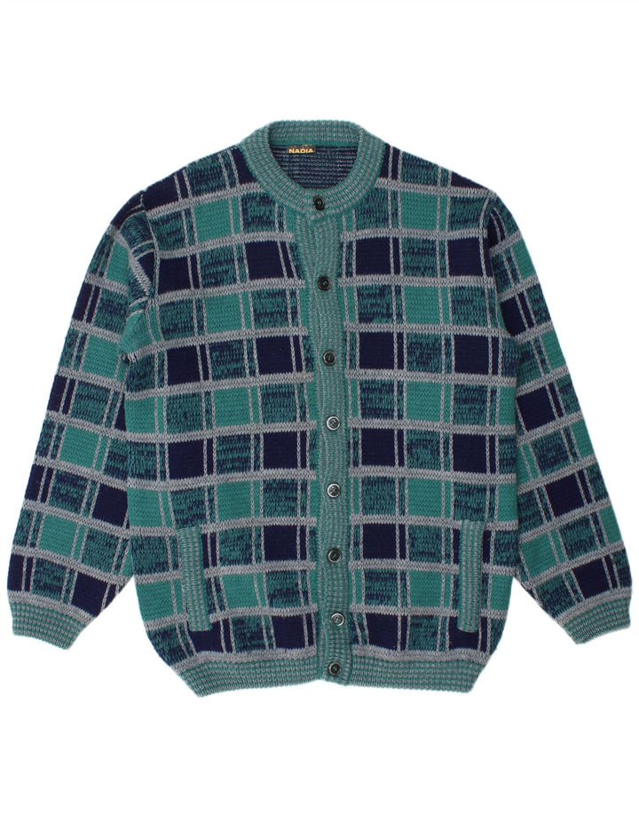 Nadia Mens Cardigan Sweater Large Navy Blue Check Wool