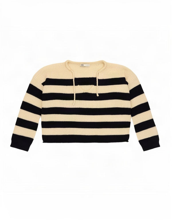 Zara Pull surdimensionné à col en V pour femme UK 14 Medium Off White Rayé