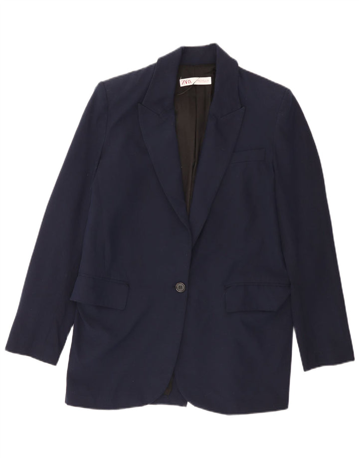 Zara Womens 1 Button Blazer Jacket UK 6 XS Navy Blue Polyester