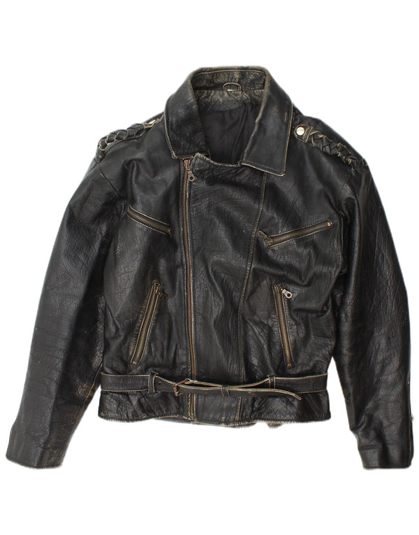 vintage Mens Leather Biker Jacket UK 36 Petit cuir noir