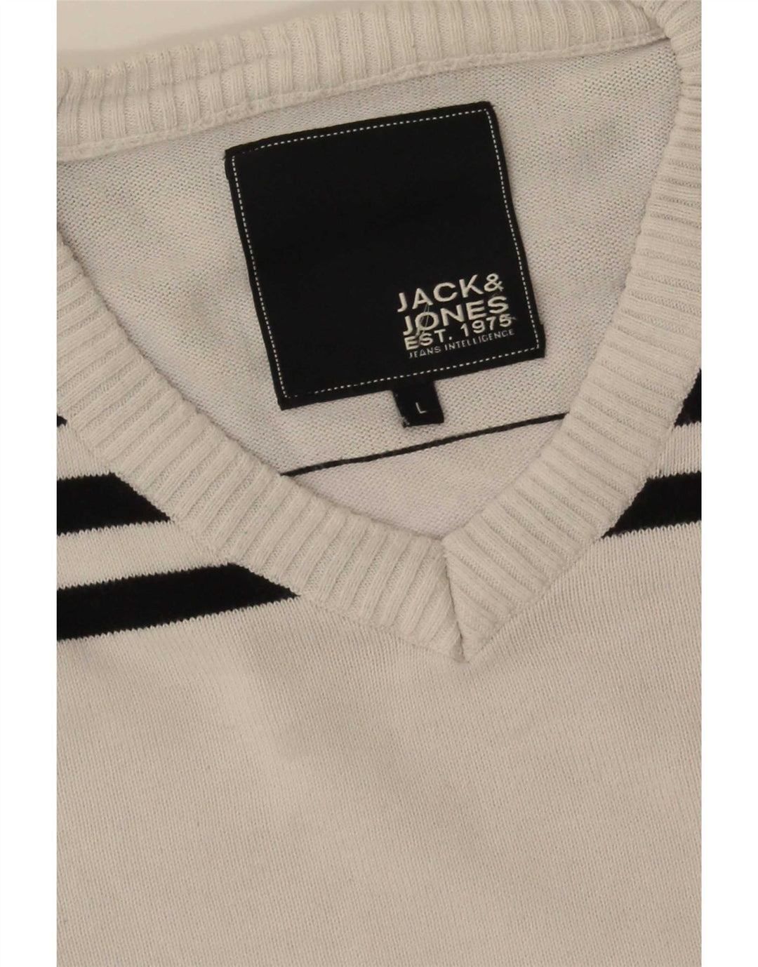 Jack & Jones Mens V-Neck Jumper Sweater Large White Colourblock