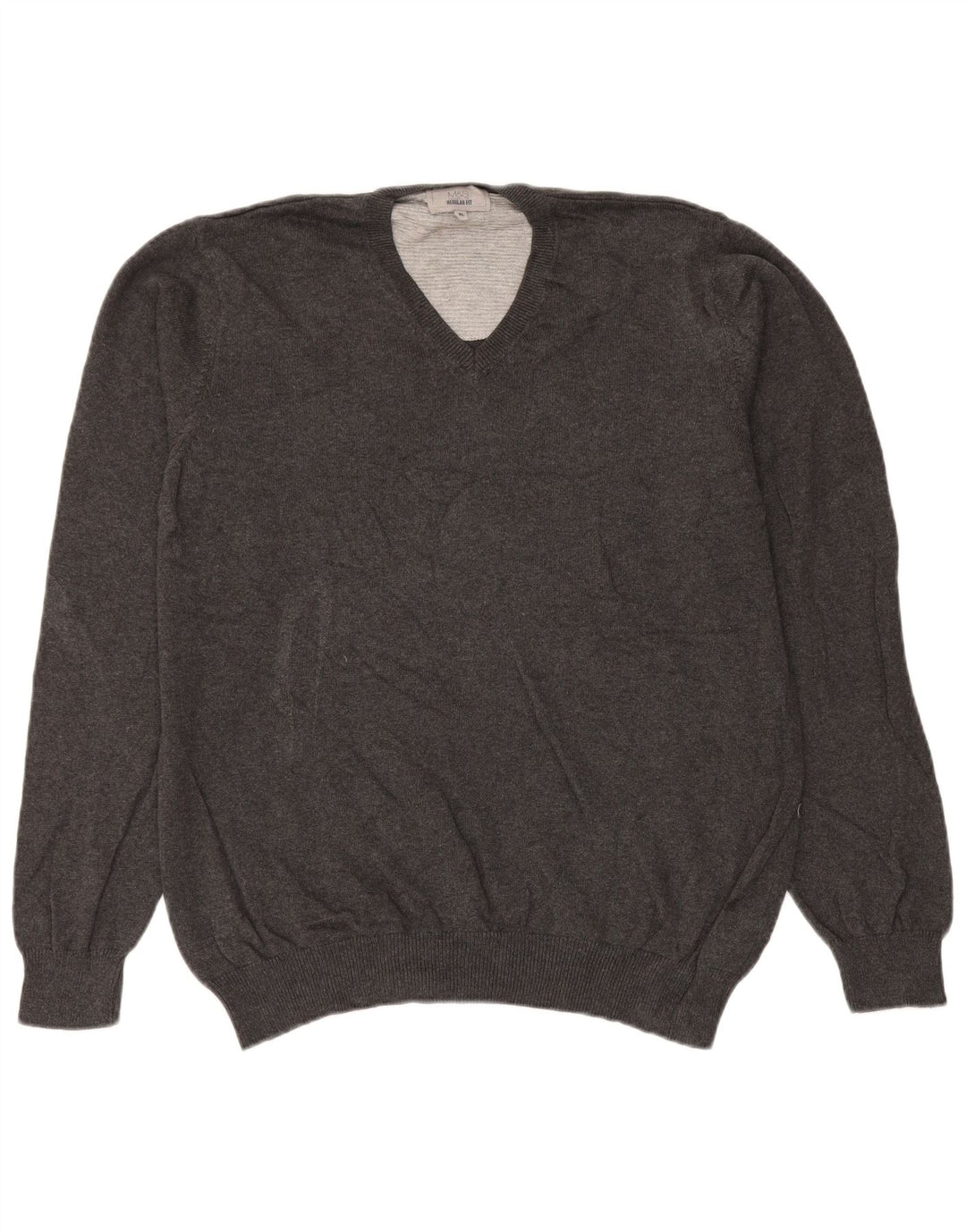 Marks & Spencer Mens Regular Fit V-Neck Jumper Sweater XL Grey Cotton