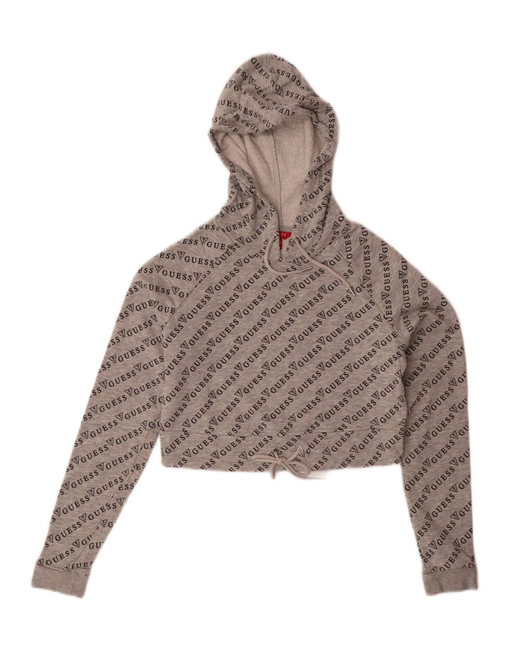 GUESS Womens Oversized Crop Graphic Hoodie Jumper UK 6 XS Grey Cotton Vintage Guess and Second-Hand Guess from Messina Hembry 