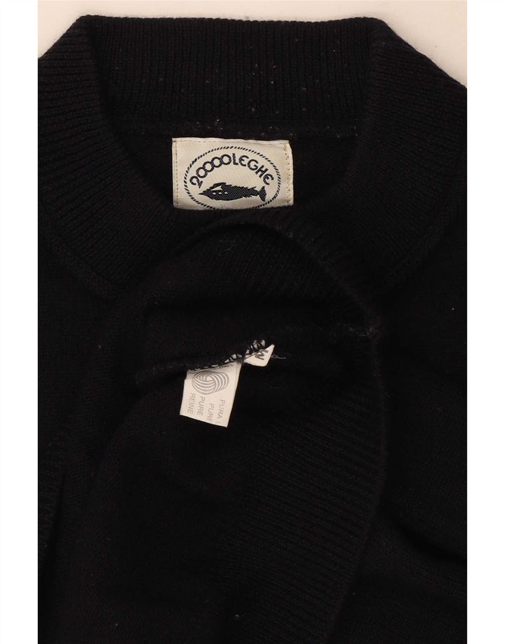 Vintage Mens Graphic Turtle Neck Jumper Sweater Medium Navy Blue Wool