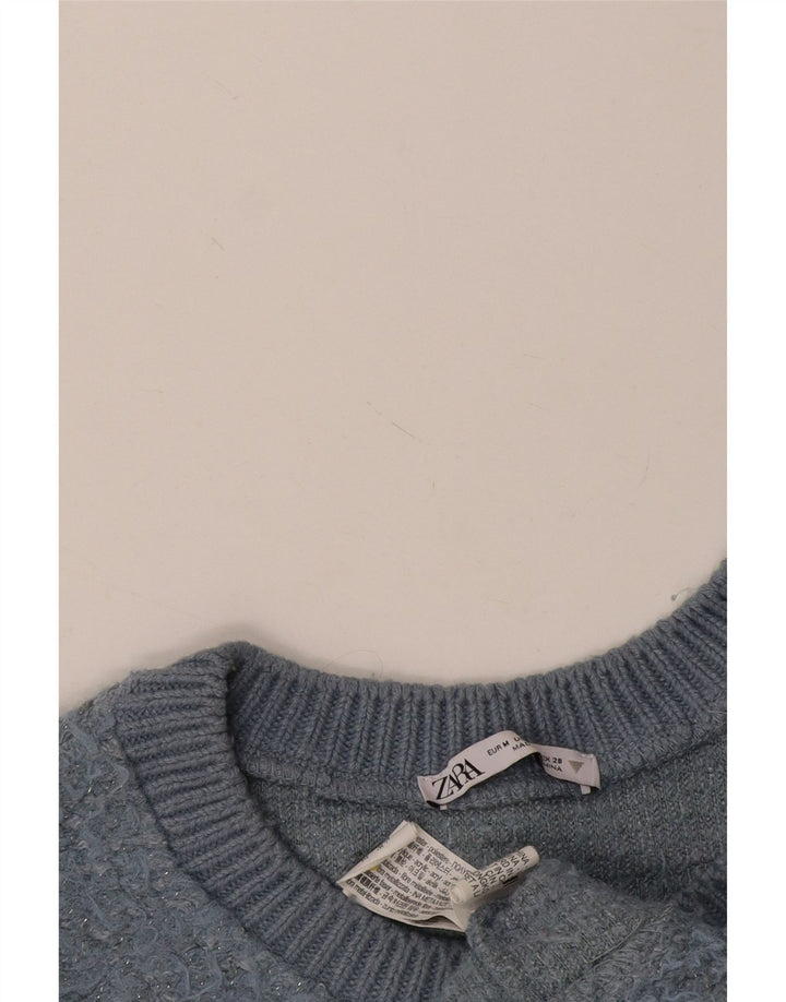 Zara Womens Crop Crew Neck Jumper Sweater UK 14 Medium Blue Polyester