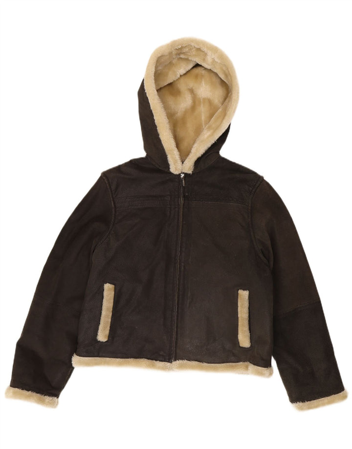 Jaqueta feminina Conbipel com capuz Shearling UK 14 couro cinza médio