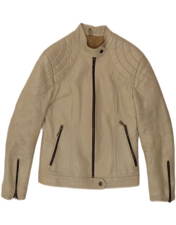 Vintage Womens Leather Biker Jacket UK 8 Small Beige