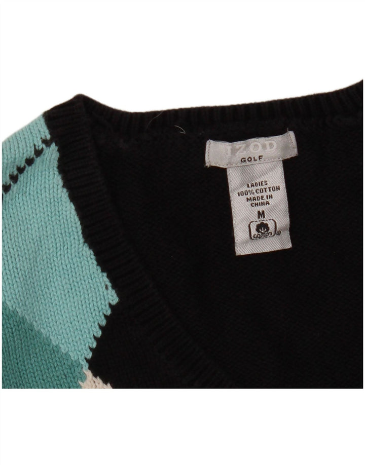 IZOD Dame Golf V-hals sweater UK 12 Medium Black Argyle/Diamond