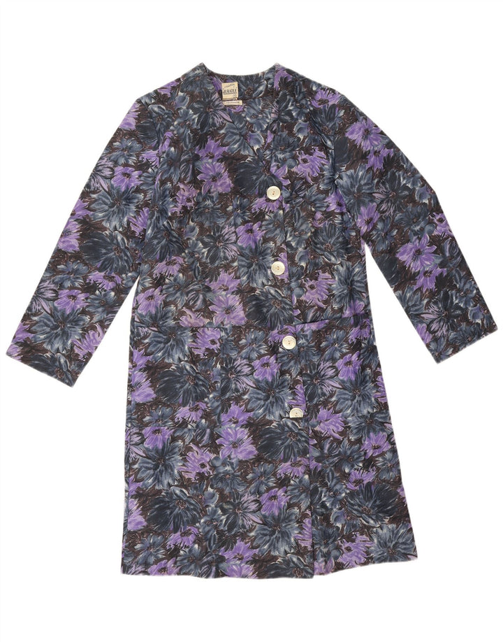 Vintage mujer abrigo Reino Unido 14 medio púrpura floral poliamida
