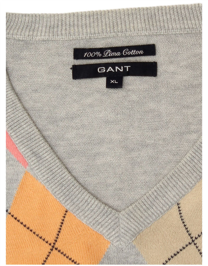 Gant Mens V-Neck Jumper Sweater XL Grey Argyle/Diamond Cotton