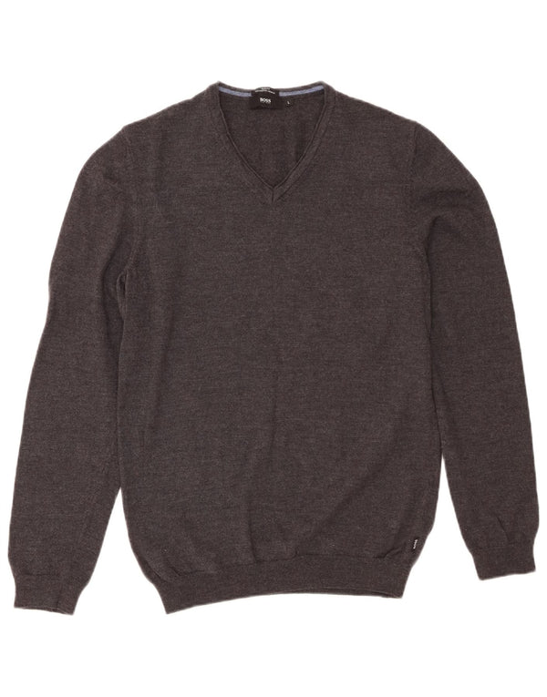 Hugo Boss Maglione da uomo slim fit con scollo a V grande lana vergine grigia