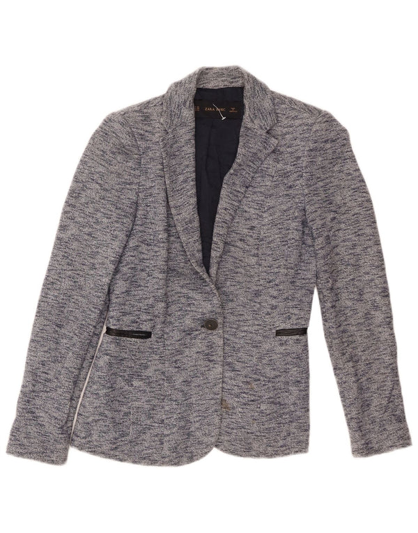 Zara Damen 1-Knopf-Blazerjacke UK 6 XS blau gefleckte Baumwolle