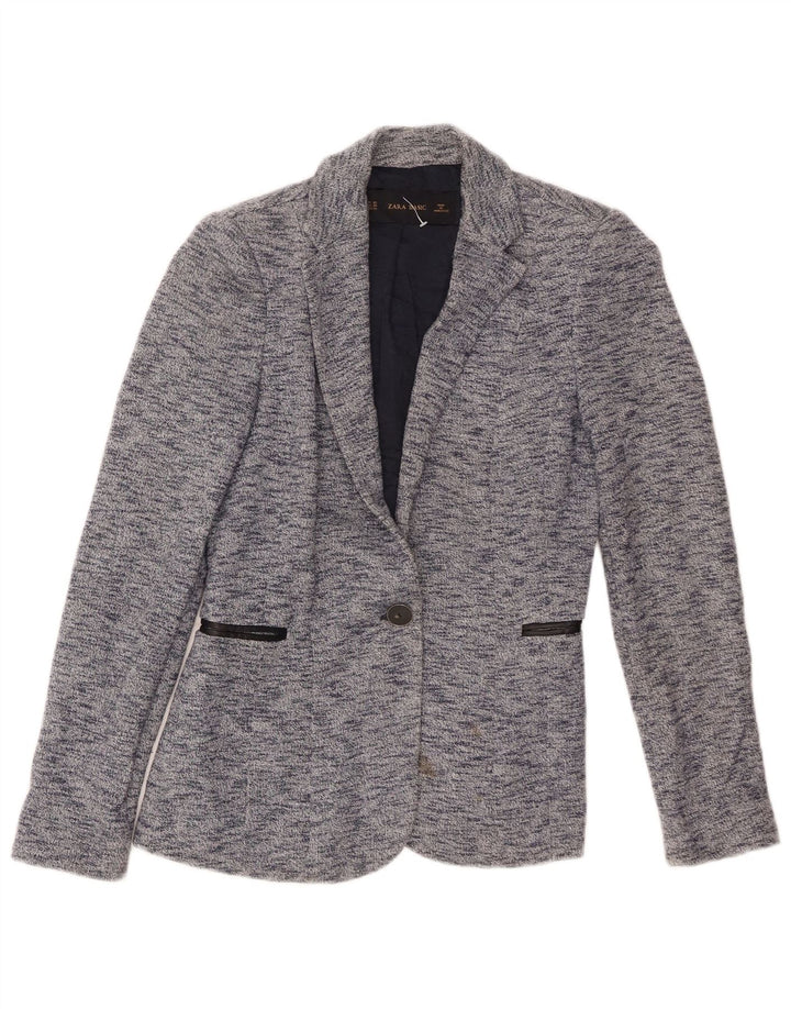 Zara Dame 1 Knap Blazer Jakke UK 6 XS Blå Flecked Bomuld
