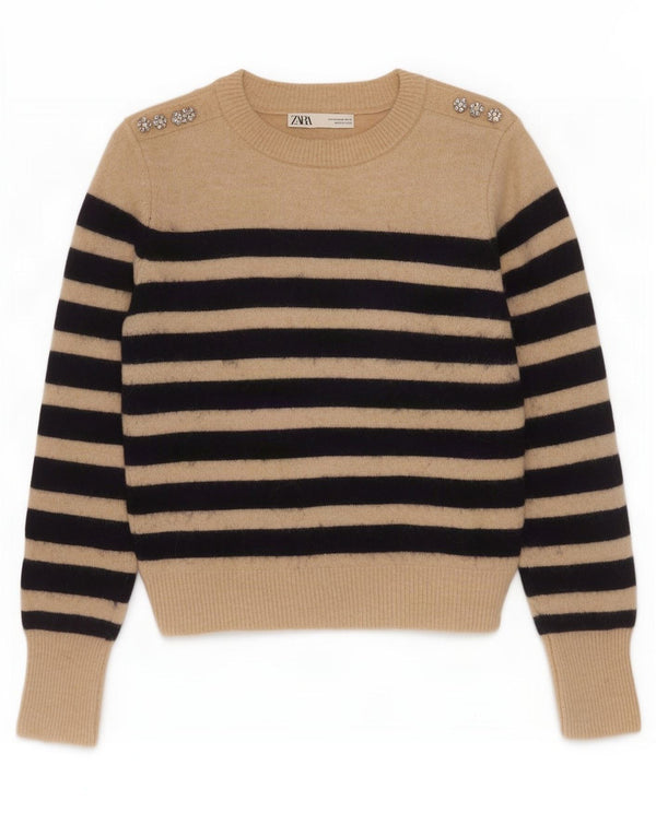 Maglione maglione girocollo da donna Zara UK 12 Nylon a righe beige medio