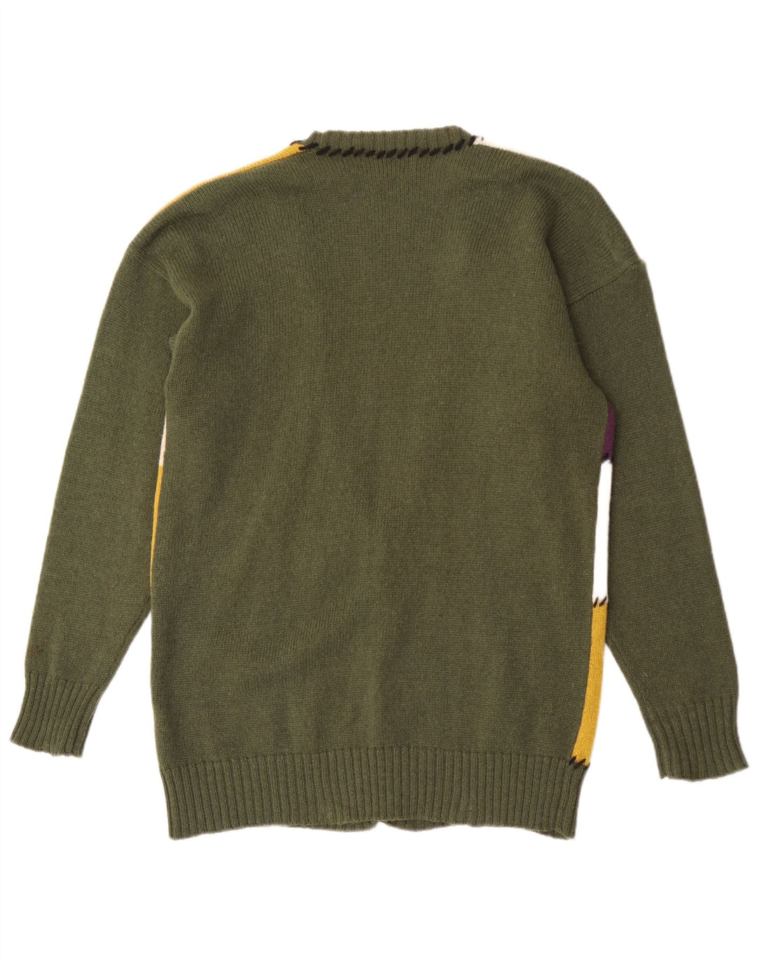 Vintage Damen Grafischer Cardigan Pullover UK 16 Große grüne Patchwork-Wolle