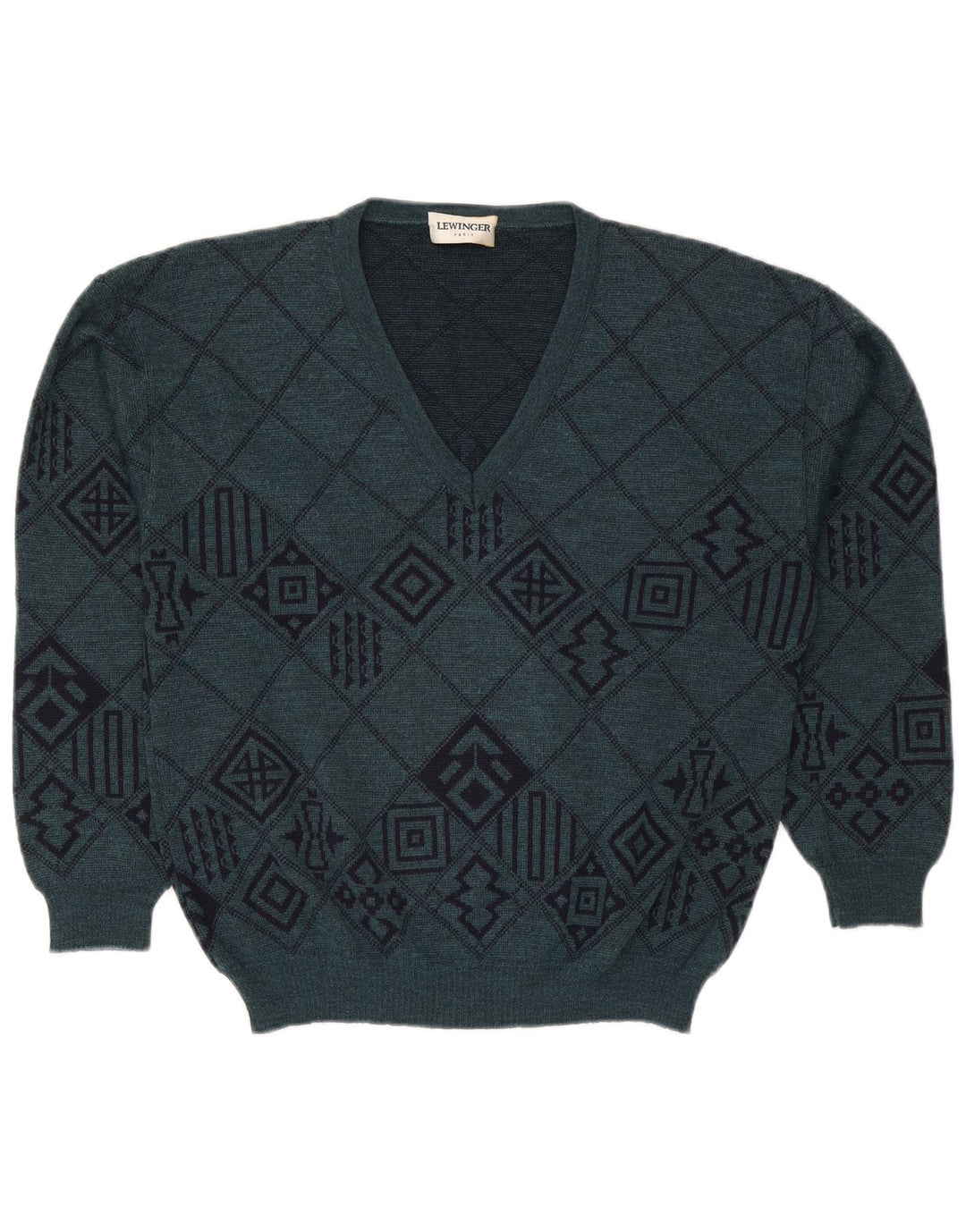 Lewinger Mens V-Neck Jumper Sweater Medium Green Geometric Wool