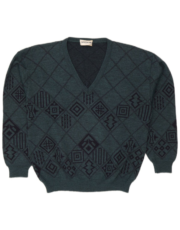 Lewinger Mens V-Neck Jumper Sweater Medium Green Geometric Wool