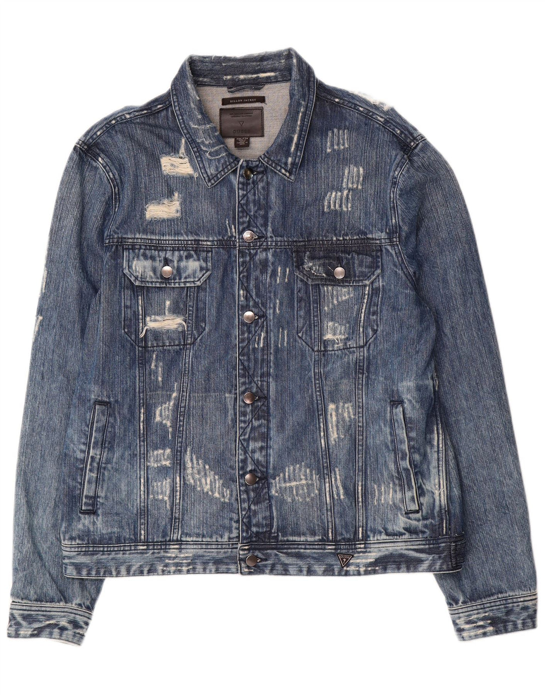 Guess Mens Dillon Graphic Distressed Denim Jacket UK 44 2XL Blue Cotton