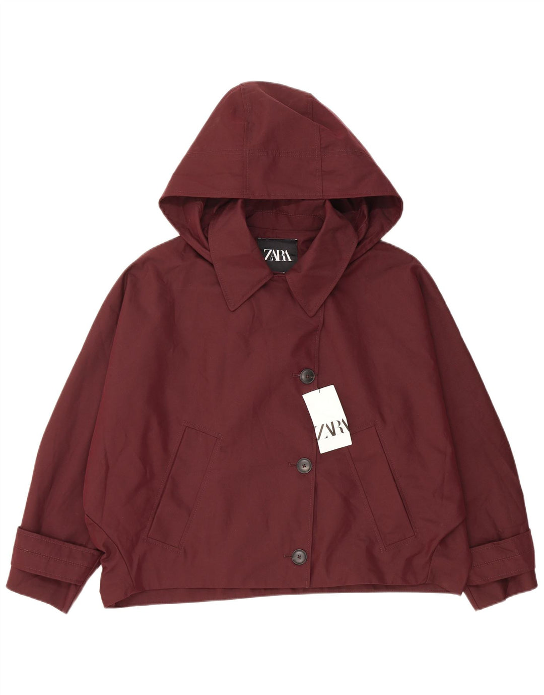 Zara Womens Hooded Oversized Bomber Jacket UK 14 Medium Burgundy Cotton