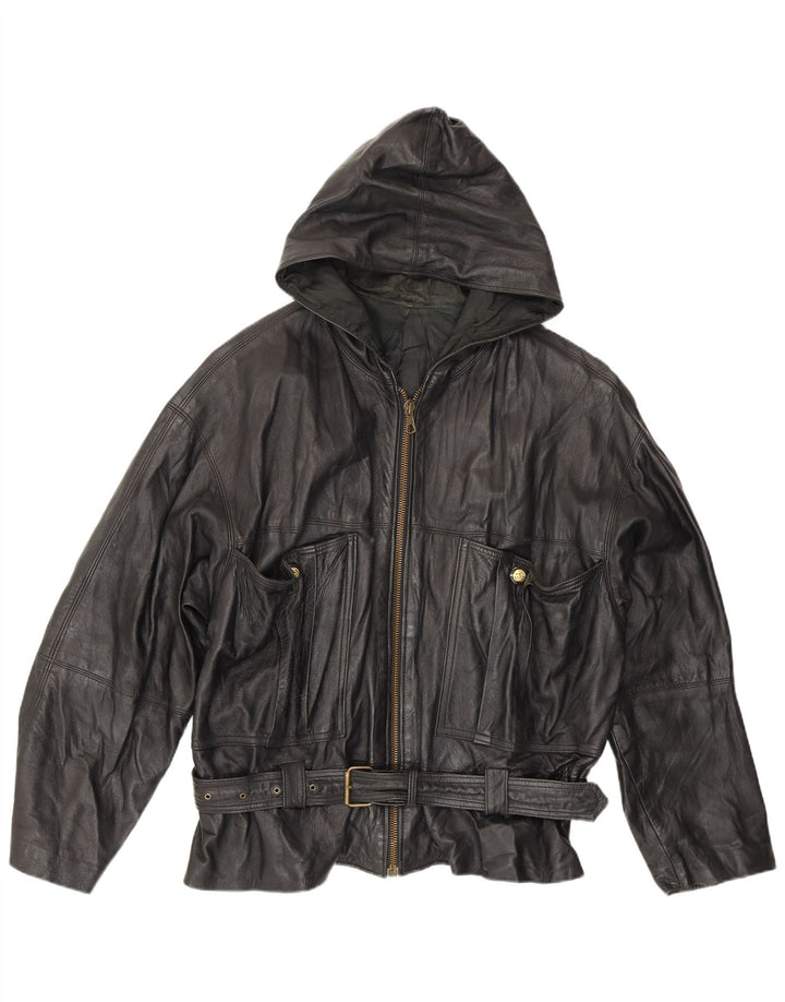 Vintage Mens Hooded Leather Jacket UK 42 XL Black