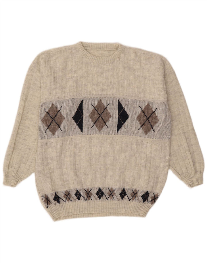 Vintage Mens Crew Neck Jumper Sweater XL Grey Argyle/Diamond