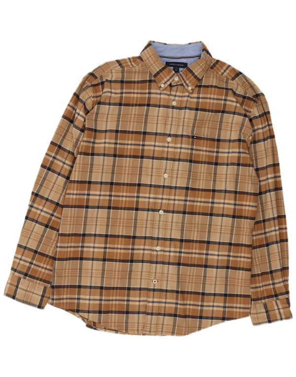 Tommy Hilfiger Mens Classic Fit Flannel Shirt Large Beige Check Cotton