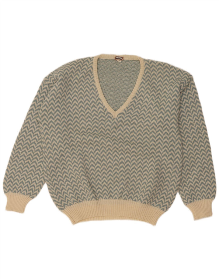 Master Womens V-Neck Jumper Sweater UK 14 Medium Blue Chevron