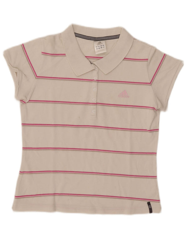 Adidas Womens Crop Polo Shirt UK 12 Medium White Striped Cotton