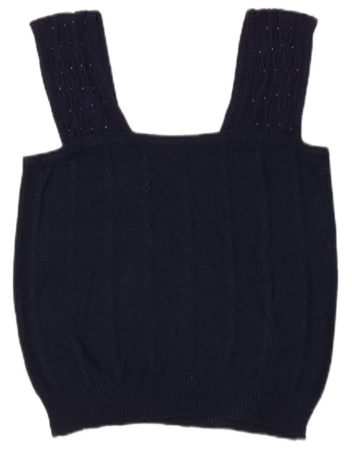 Vintage Womens Crop Knit Cami Top UK 8 Small Navy Blue