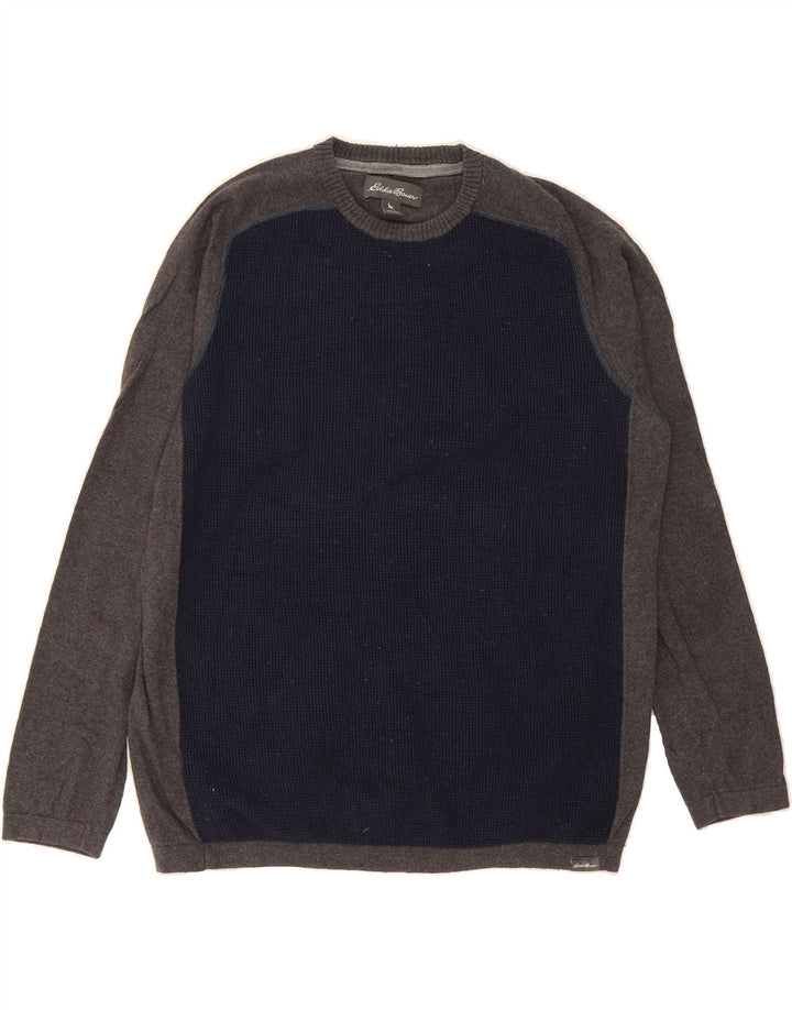 EDDIE BAUER Mens Crew Neck Jumper Sweater Large Navy Blue Colourblock Vintage Eddie Bauer and Second-Hand Eddie Bauer from Messina Hembry 