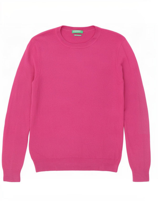 Damski sweter z okrągłym dekoltem Benetton UK 12 Średni różowy wełniany