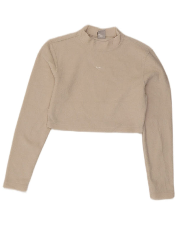Nike - Top corto in velluto da donna, manica lunga, UK 12, medio, bianco sporco, poliestere