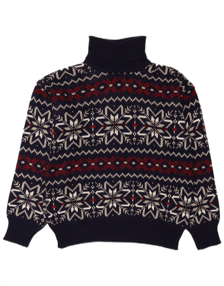 Vintage Mens Roll Neck Jumper Sweater Large Navy Blue Fair Isle