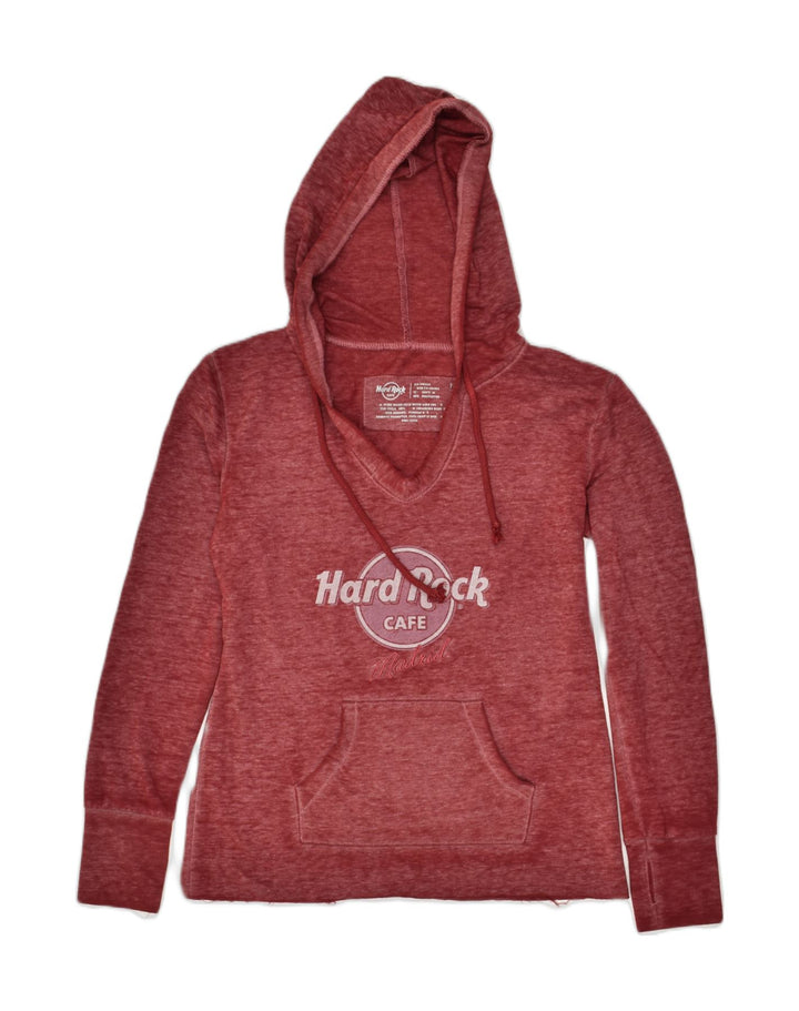 HARD ROCK CAFE Womens Graphic Hoodie Jumper UK 2 2XS Burgundy Cotton | Vintage Hard Rock Cafe | Thrift | Second-Hand Hard Rock Cafe | Used Clothing | Messina Hembry 