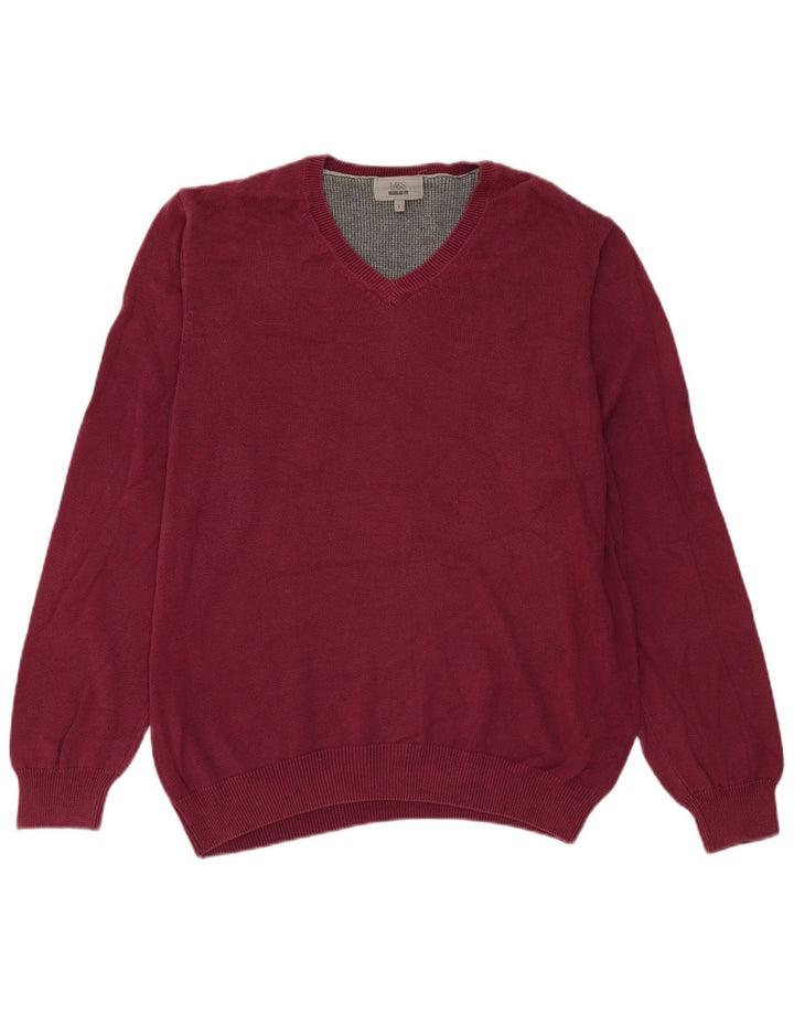Marks & Spencer Mens Regular Fit V-Neck Jumper Sweater Large Burgundy