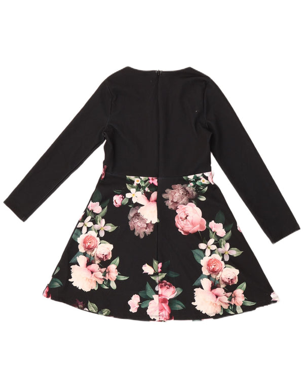 Lipsy Mädchen-Langarmkleid in A-Linie, 9–10 Jahre, schwarzes Blumenmuster, Polyester