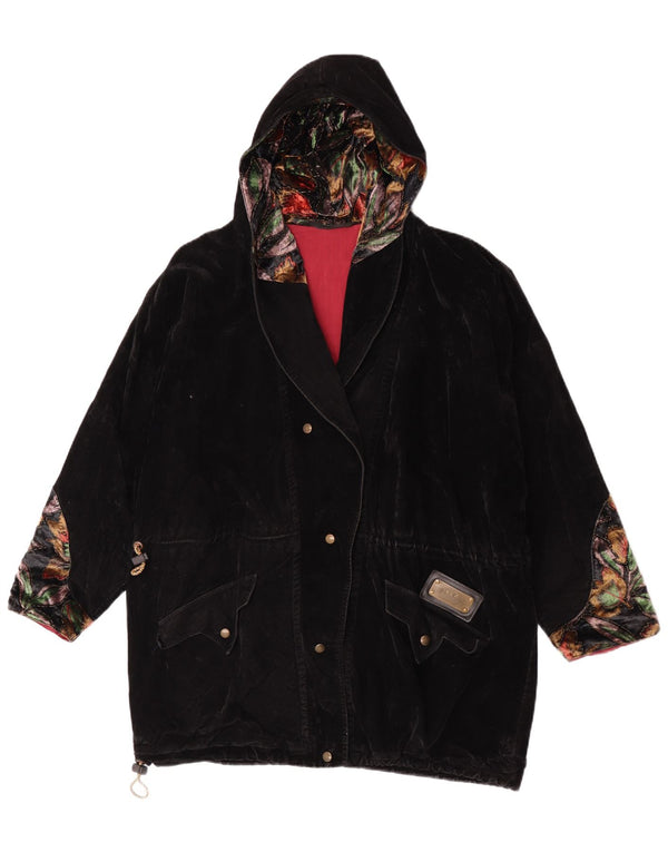Vintage Womens Oversized Hooded Parka Jacket UK 14 Large Black Floral
