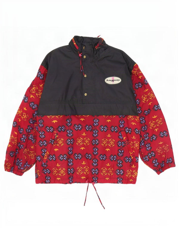Vintage męska luźna kurtka przeciwdeszczowa z kapturem Anorak UK 38, średnia czerwona geometryczna