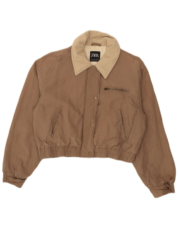 Zara Womens Crop Bomber Jacket UK 16 Stor brun bomuld