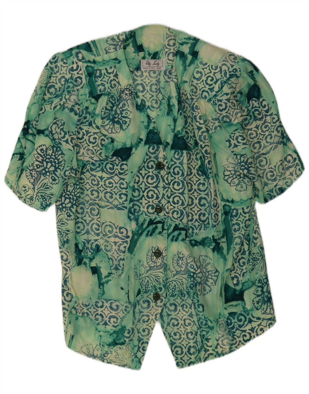 Vintage Womens Short Sleeve Shirt Blouse UK 14 Medium Green Patchwork