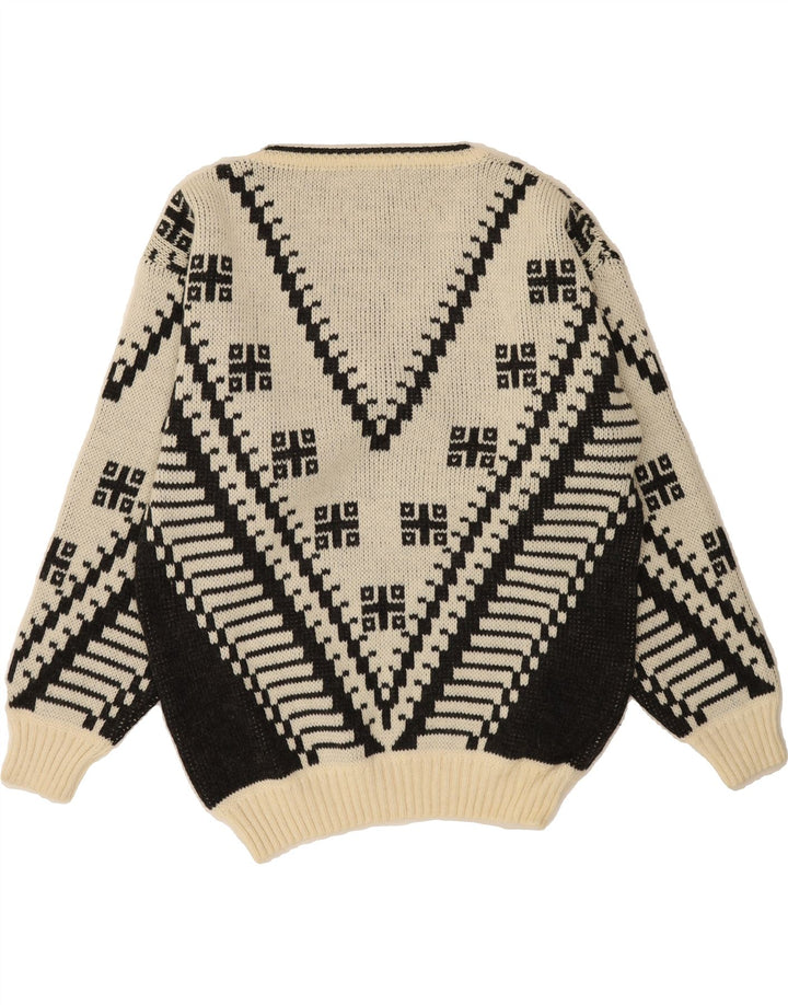 VINTAGE Mens V-Neck Jumper Sweater Medium Off White Geometric Wool Vintage Vintage and Second-Hand Vintage from Messina Hembry 
