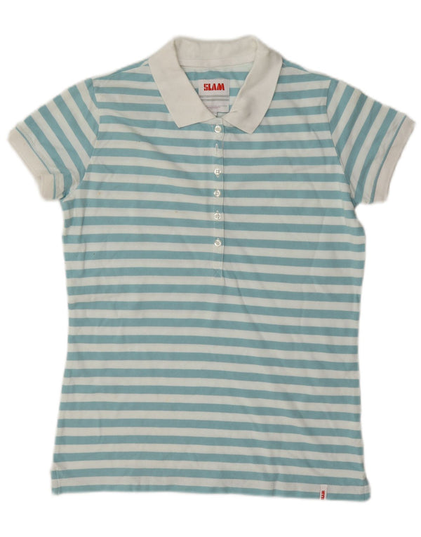 Slam Womens Polo Shirt UK 14 Medium Blue Striped Cotton